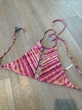 Pink Patterned Strappy Halter Bikini Top reversible